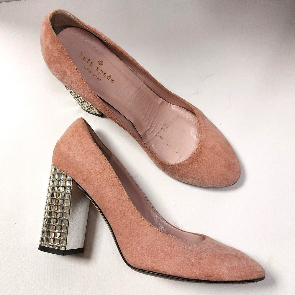 Kate Spade Blush Pink Suede Rhinestone Block Heel Pumps, 7.5B